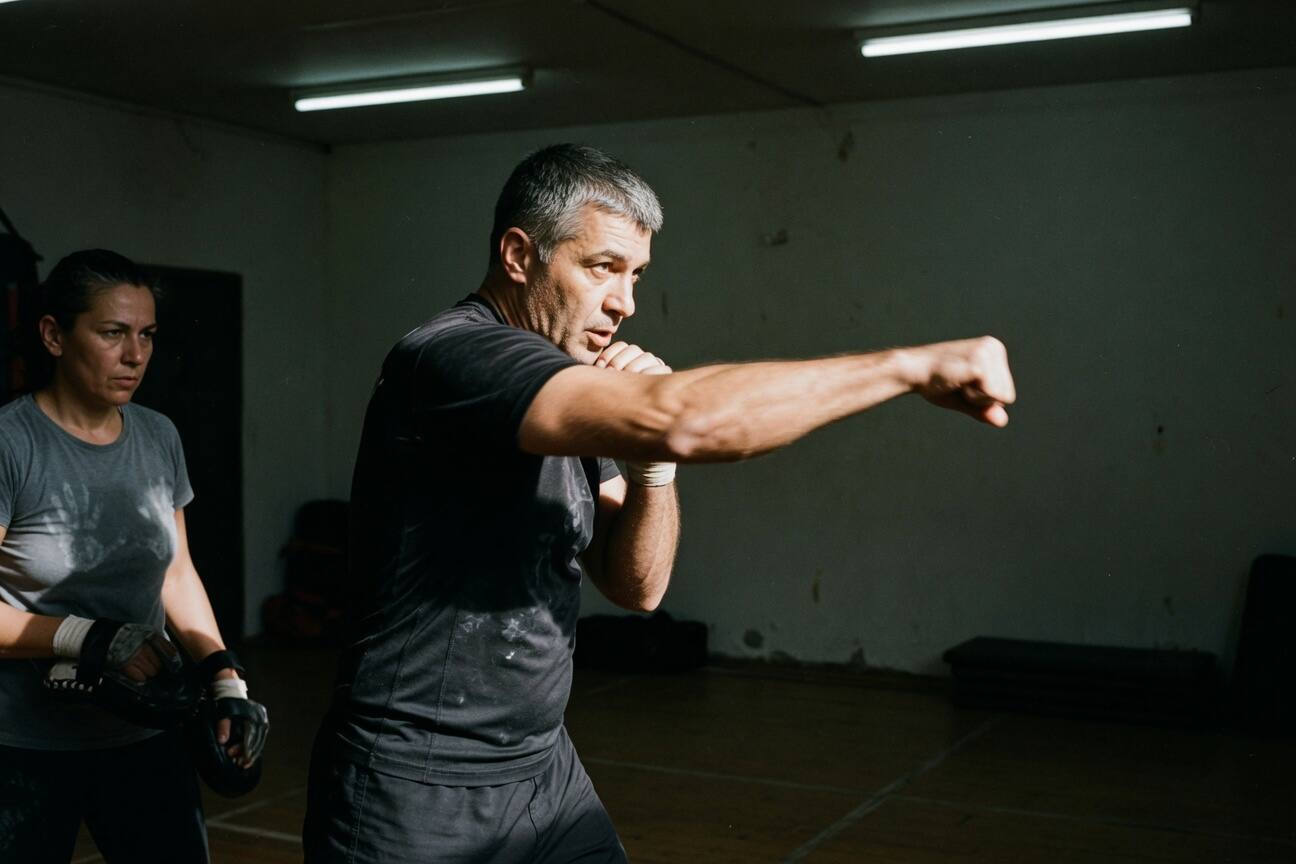 A disciplined kinetic striking motion captured with controlled intensity and strong chiaroscuro.