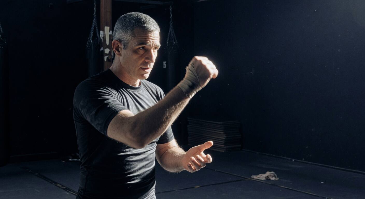 An instructor mid-demonstration emerging from deep shadow into a hard rim light, high-contrast and dramatic.