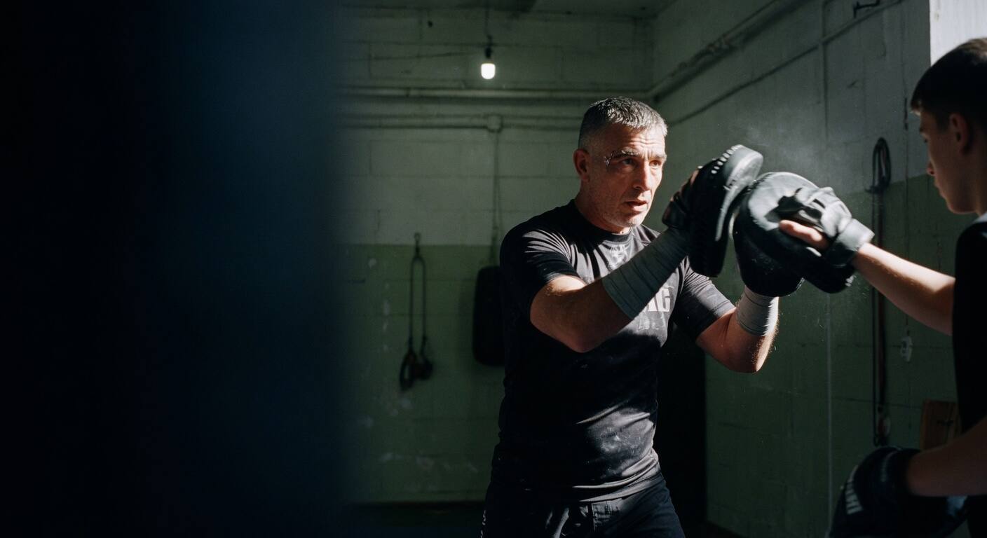 An instructor intensely coaching stand-up striking while holding pads under hard directional light.