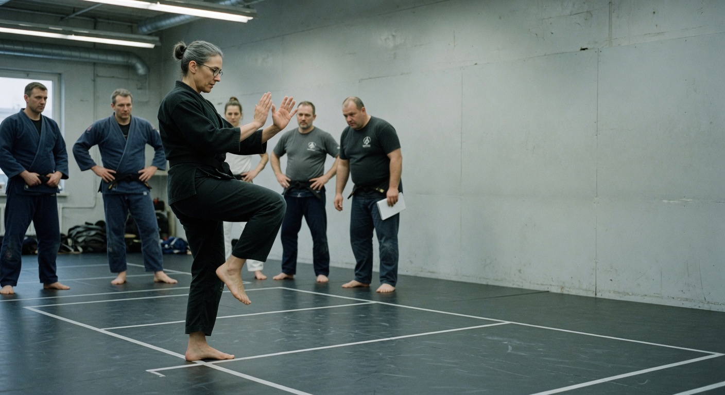 An instructor demonstrates a precise controlled technique to attentive adult students.